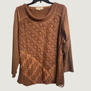 Cactus + Pearl Terracotta Brown Mixed Lace‎ Crochet Long Sleeve Top Medium